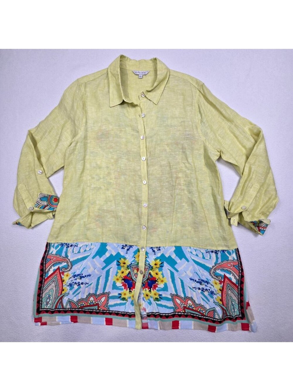 John Mark 100% Linen Large Button Down Shirt Yellow Tunic Artsy Hem Long Sleeve